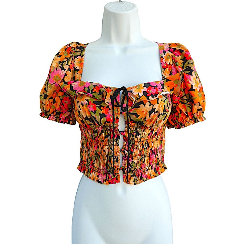 For Love and Lemons Sylvie Dolls Kill Vibrant Floral Puff Sleeve Square Ruffle S